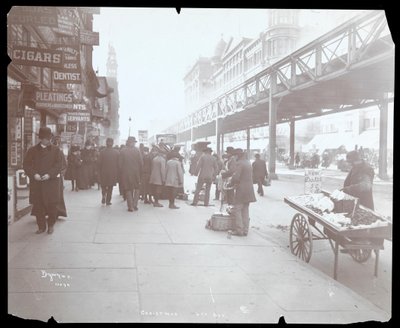 Ansicht von Händlern, die Spielzeug und Datteln auf der 6th Avenue zu Weihnachten verkaufen, New York (1903) von Byron Company